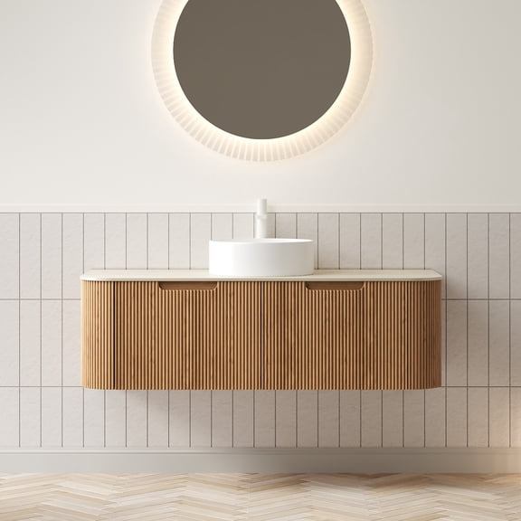 Bathroom Vanity with Sink, 48 Inch Floating Plywood Storage Cabinet, Travertine-Pattern Sintered Stone Top, Round Ceramic Basin, 2 Soft Close Drawers, Natural Woodgrain Beige Finish