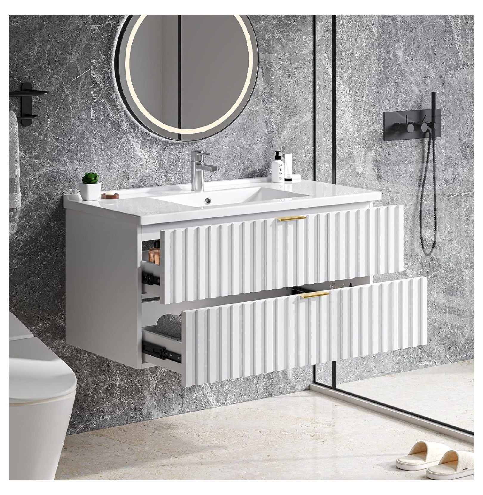 Bathroom Vanity with Sink Combo, Wall Mounted Fluted Cabinet with 2 ...
