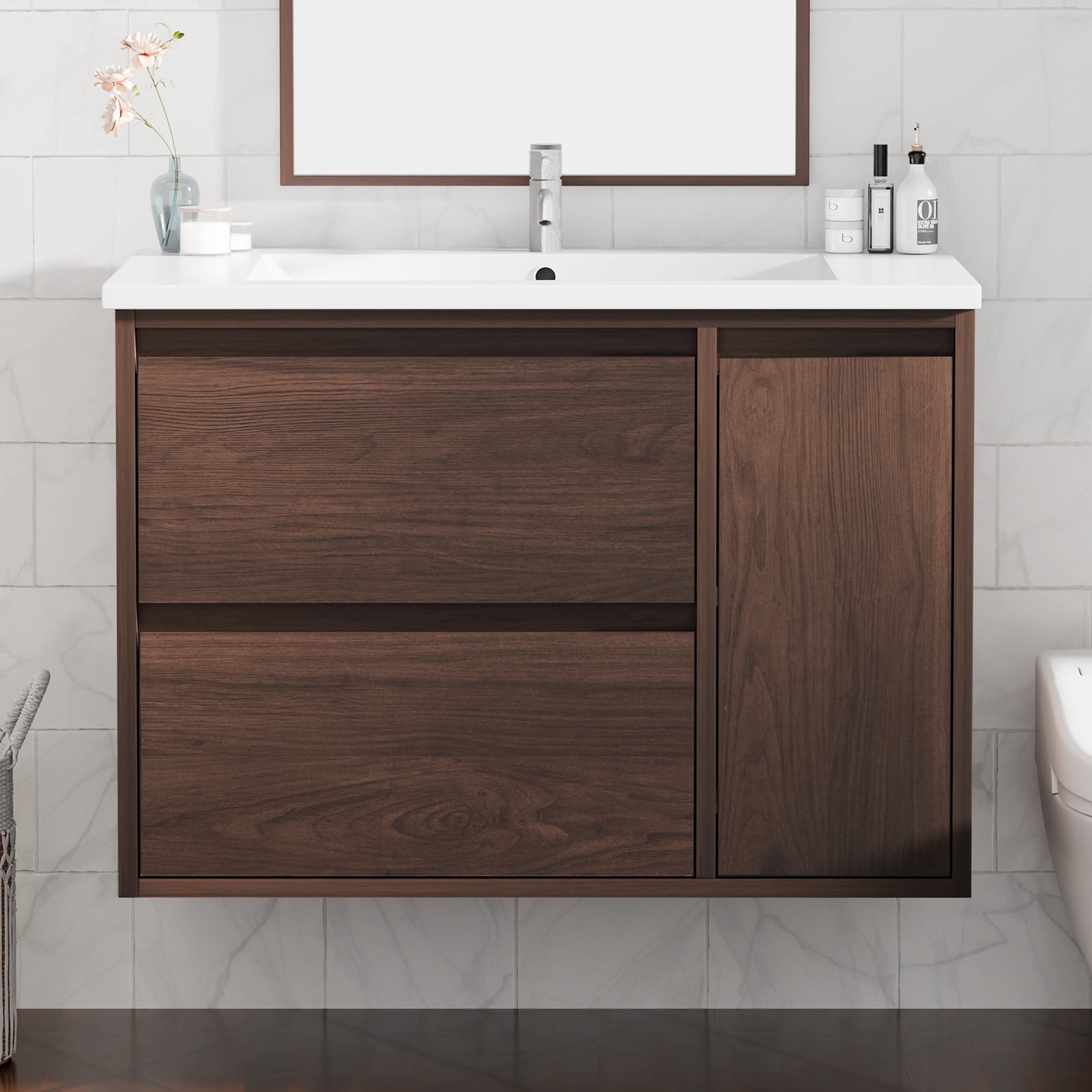KZElegy 30" Bathroom Vanity with Sink Floating Bathroom Vanities with Two Slide Drawers Side Storage Space, Brown