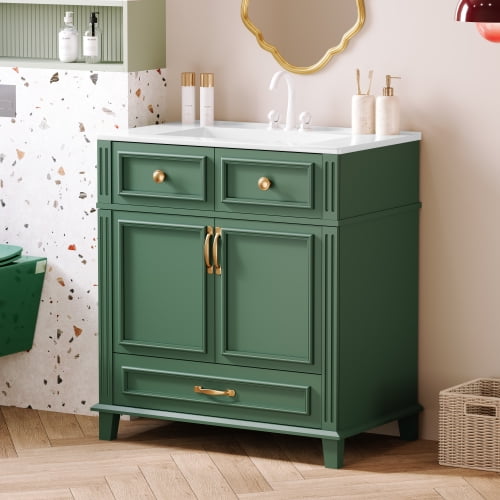 Bathroom Vanity Solid Wood & MDF, 30" Retro Blue with Ceramic Sink & Soft Closing Doors, Storage Cabinet for Bathroom, Vintage Style, Green