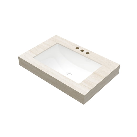 Bathroom Vanity Top, 30 Inch Beige Travertine-Pattern Sintered Stone Countertop and Rectangle Undermount Ceramic Basin, 3 Pre-drilled Faucet Holes for Bathroom Remodeling Project