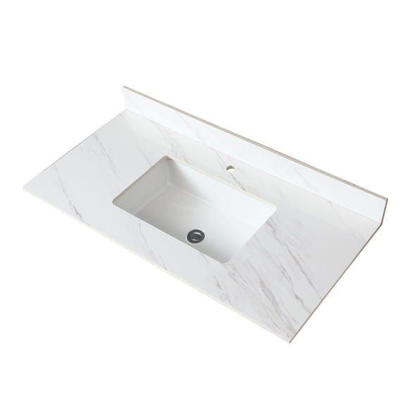 Bathroom Vanity Top 43 Inch White - Sintered Stone With 4" Backsplash, Pre-drilled Faucet Hole, Rectangular Sink Aesthetic Appeal Middle And High Backsplash