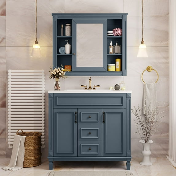 Bathroom Vanity with Top Sink and Mirror Cabinet, 36'' Modern Bathroom Storage Cabinet with 2 Soft Closing Doors and 2 Drawers, Wooden Single Sink Vanity Set for Bathroom, Blue