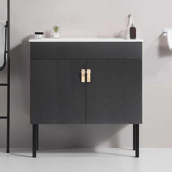 Bathroom Vanity with Top and Sink, Modern Single Vanity with 2 Soft-Close Doors and Metal Handles, Solid Wood Bathroom with Cabinet White Ceramic Basin