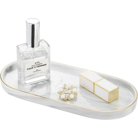 Bathroom Vanity Tray, Oval Soap Dispenser Tray, 10" Marble Kitchen Counter Trays, Resin Bathroom Tray for Counter, Toilet Tank Tray, Trinket Tray for Perfume Jewelry, Small, Marble White