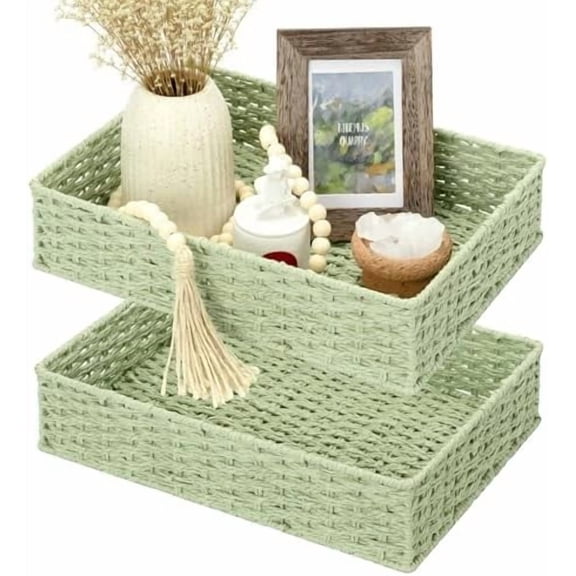 Bathroom Vanity Tray for Countertop, Bathroom Counter Tray for Decorative, Toilet Paper Baskets, Green, Larger, 2 Pack