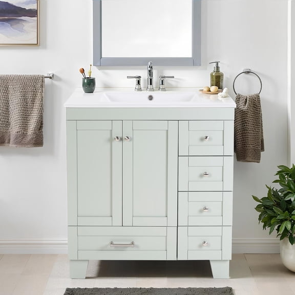 Bathroom Vanity, Vanity with Sink, Storage Vanity 30 Inch with Integrated Ceramic Sink Soft Close Drawers Multi Tier Storage Solid Wood Frame for Bathroom, Blue Grey