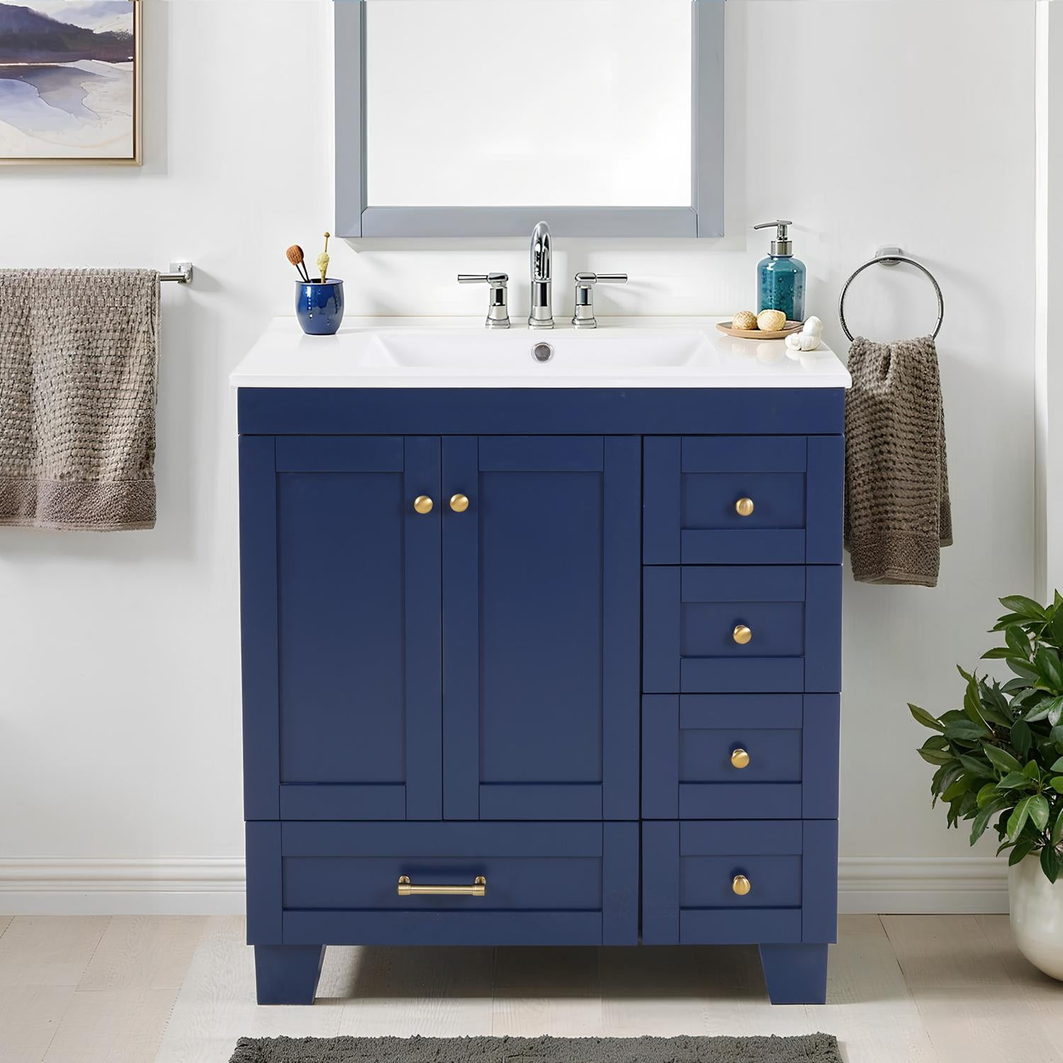 Bathroom Vanity, Vanity with Sink, Storage Vanity 30 Inch with Integrated Ceramic Sink Soft Close Drawers Multi Tier Storage Solid Wood Frame for Bathroom, Blue