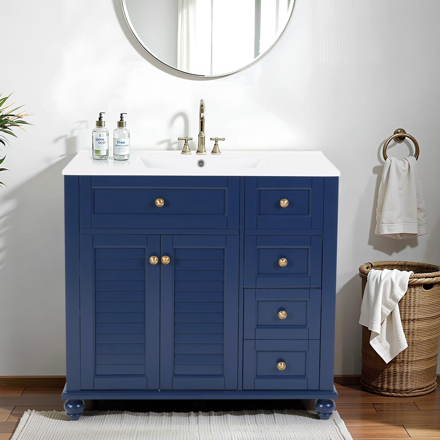 Bathroom Vanity, Vanity with Sink, Storage Vanity 36 Inch with Integrated Ceramic Sink Soft Close Drawers Multi Tier Storage Solid Wood Frame for Bathroom, Blue