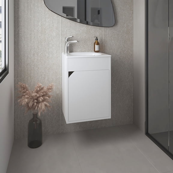 Bathroom Vanity, Wall-Mounted Floating MDF Cabinet with Resin Sink, One-Door Storage and Two Shelves, Modern White Finish, 15.7" Wide Compact Design for Half Bath and Small Bathrooms