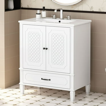 30" Bathroom Vanity with Sink, Single Sink Bathroom Vanity with 1 Drawers and 2 Soft Close Doors, Free Standing Bathroom Vanity with Adjustable Shelf, Solid Wood Frame, White