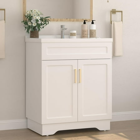 Bathroom Vanity with Ceramic Sink, 32 Inch Double Door Bathroom Cabinet Vanity with Wooden Frame and Storage, White