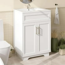 Bathroom Vanity with Ceramic Sink, Quickly Assemble 24" Free Standing Bathroom Sink Cabinet with Wooden Frame, White