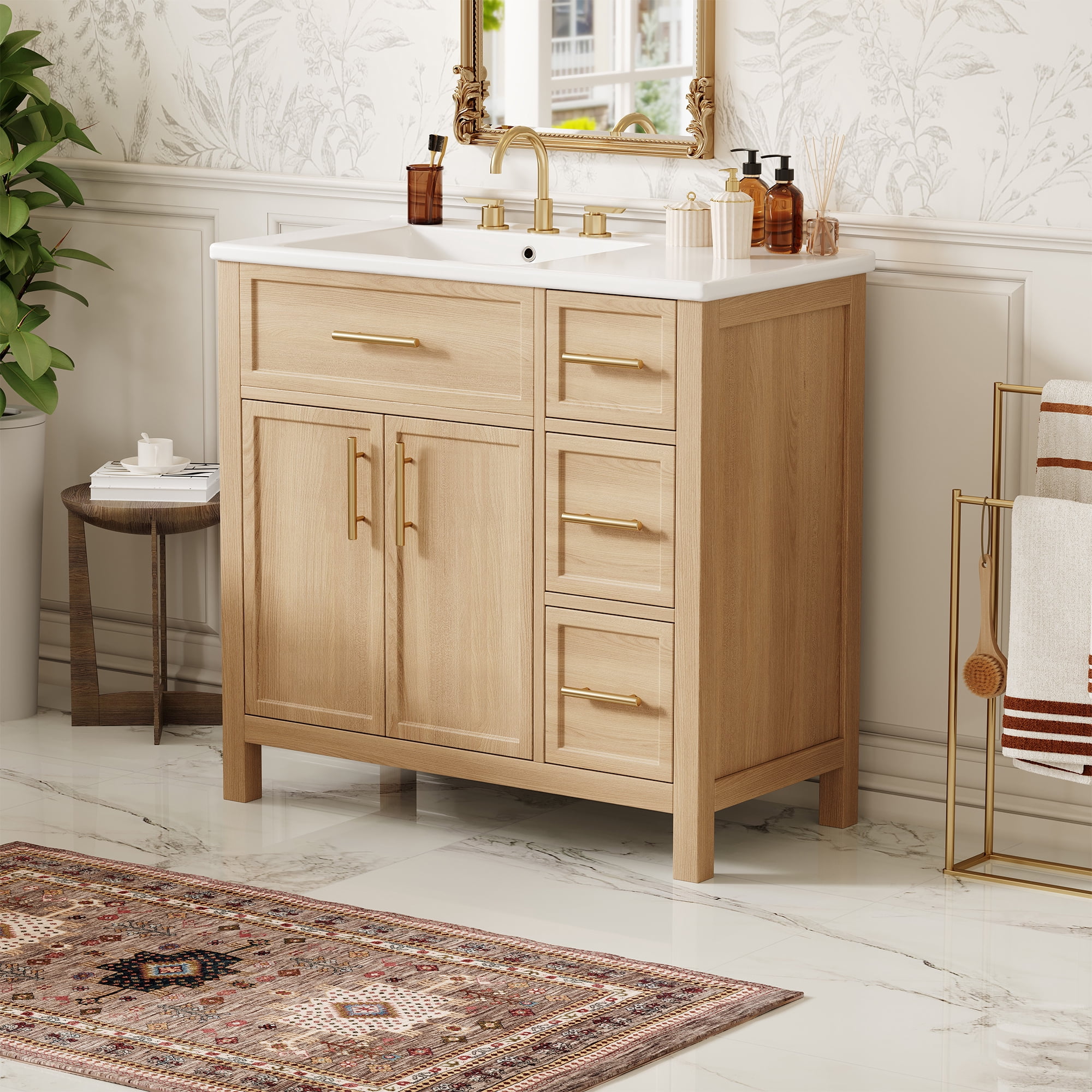 Cuboard Flash Card Bathroom Vanity with Ceramic Sink Top, Freestanding Cabinet with Two ...
