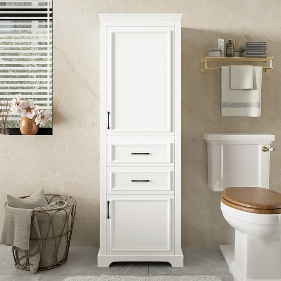 Bathroom Vanity with Damping-Hinge Doors & Drawers, 71" Tall Freestanding Storage Cabinet, Adjustable Shelves, White