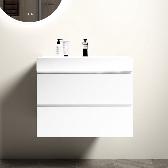 Bathroom Vanity with One - piece Sink | Floating Design, Timeless White Look | E1 Grade Boards for Sustainability | 45° Sloping Handle - free Feature