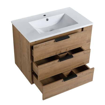 Bathroom Vanity with Sink, 30" Bathroom Washstand with Single Sink Vanity Combo, Wall Mounted Maple Vanity with Drawers