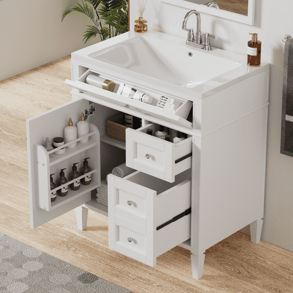 Bathroom Vanity with Sink 30 Inch, Bathroom Storage Cabinet With 3 Drawers, Cabinet Door Organizer & Adjustable Shelf, White