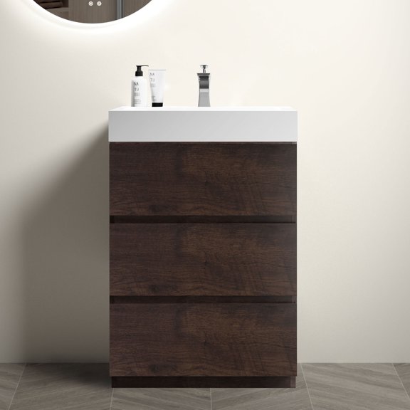 Bathroom Vanity with Sink | Maximizes Storage in Contemporary Bathrooms | Rosewood Finish & Silent Runners | Reduces Clutter