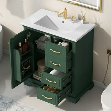 Bathroom Vanity with with Undermount Ceramic Sink and Drawers, Combo Cabinet Storage Sink with Solid Frame and MDF Board for Bathroom, Green
