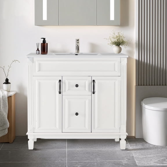 EDX 36-inch Bathroom Vanity Cabinet, Freestanding Modern Cabinet Vanity with Sink, 2 Soft-Closing Doors & 2 Drawers,White