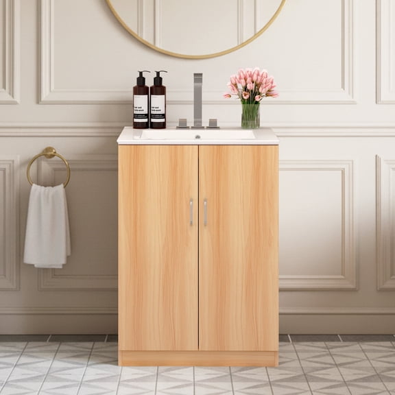 EDX 24-inch Bathroom Vanity Cabinet, Freestanding Modern Cabinet Vanity with Sink, 2 Soft-Closing Doors ,Natural Wood