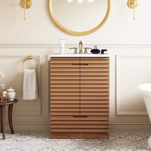 EDX 24-inch Ripple Bathroom Vanity Cabinet, Freestanding Modern Cabinet Vanity with Sink, 2 Soft-Closing Doors & 1 Drawer, Natural Wood