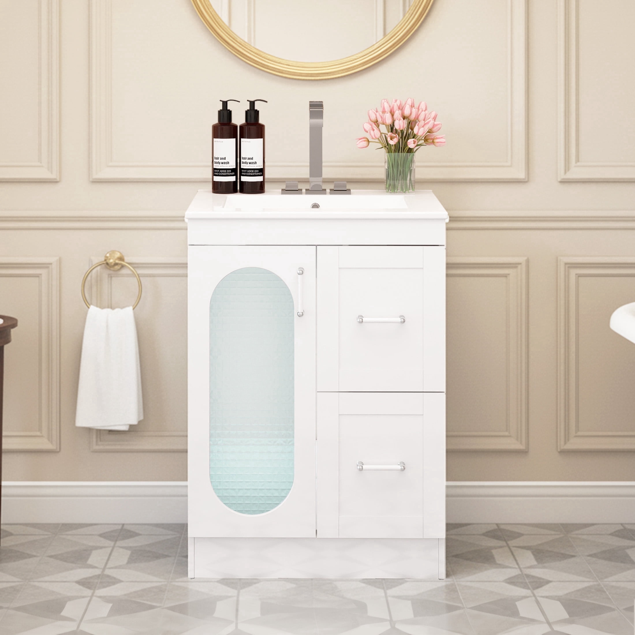 EDX 24-inch Bathroom Vanity Cabinet, Freestanding Modern Cabinet Vanity with Sink, 1 Soft-Closing Doors & 2 Drawers,White