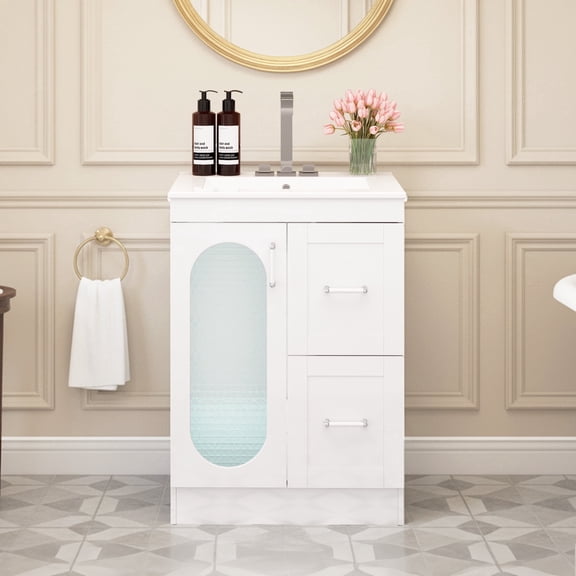 EDX 24-inch Bathroom Vanity Cabinet, Freestanding Modern Cabinet Vanity with Sink, 1 Soft-Closing Doors & 2 Drawers,White