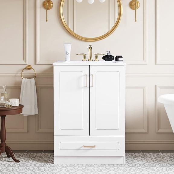 EDX 24-inch Bathroom Vanity Cabinet, Freestanding Modern Cabinet Vanity with Sink, 2 Soft-Closing Doors & 1 Drawer,White