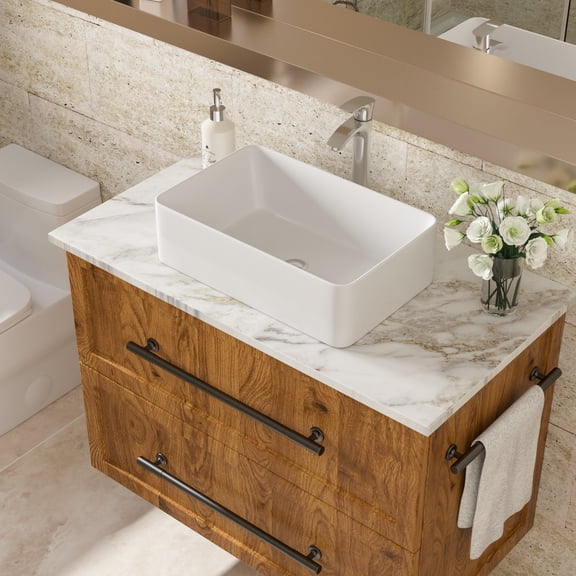 Bathroom Vessel Sink, 21 x 14 x 5.5 Inch White Ceramic Rectangular Washbasin, Above Counter Installation with 1 3/4 Inch Drain Hole, Modern European Design for Bathroom Vanity