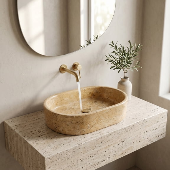 Bathroom Vessel Sink, Natural Gold and Beige Marble Countertop Basin, Polished Finished Oval Design, 23.6 x 15.7 x 5.9 Inches, Luxury Genuine Stone Washbasin for Bathroom Vanity
