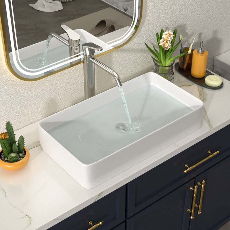 Bathroom Vessel Sinks 24 Inch White Vessel Sink Modern Small Bathroom Sink Above Counter Rectangular Vessel Sink Vanity Bowl Sinks for Bathroom,13.5"x24"x4.5",TLVS-0010