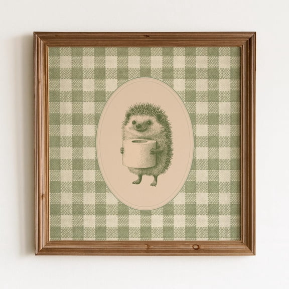 Bathroom Vintage Hedgehog Holding Toilet Roll Hedgehog Sketch Sage Checkered Vintage Wall Art Bathroom Wall Art