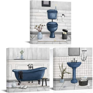 Bathroom Wall Art Bath Tub Painting Picture Bathroom Wall Decor Framed Ready to Hang 12x12inchx3,Deep Blue