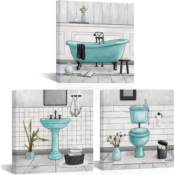 Bathroom Wall Art Bath Tub Painting Picture Bathroom Wall Decor Framed Ready to Hang 12x12inchx3,Turquoise