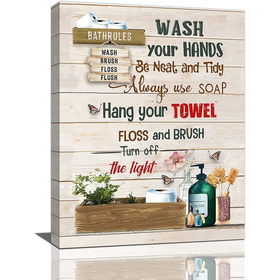 Bathroom Wall Art Bathroom Rules Sign Pictures Wall Decor Rustic Funny Bathroom Canvas Print Painting Farmhouse Framed Artwork for Bathroom Decoration Ready to Hang 12"x16"
