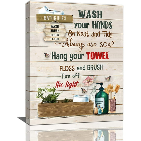 Bathroom Wall Art Bathroom Rules Sign Pictures Wall Decor Rustic Funny Bathroom Canvas Print Painting Farmhouse Framed Artwork for Bathroom Decoration Ready to Hang 12"x16"