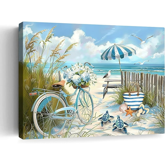 Bathroom Wall Art Beach Sea Turtle Decor Wall Art Ocean Coastal Bicycle Pictures Wall Decor Seascape Scene Canvas Print Painting Framed Artwork for Bathroom Bedroom Kitchen Office 12"x16"
