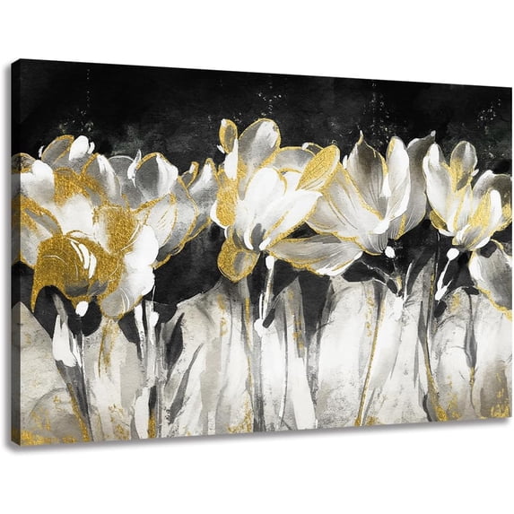 Bathroom Wall Art Black and White Flower Painting with Gold Pictures Decoration, Abstract Floral Matte Gray Canvas Artwork for Office Bedroom Walls Decor 18x12