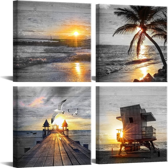 Bathroom Wall Art Black and White Gold Beach Wall Art Ocean Canvas Print Sunrise Sunset Seascape Scenery Painting Poster Framed Picture Bedroom Wall Art Living Room Office Wall Decoration