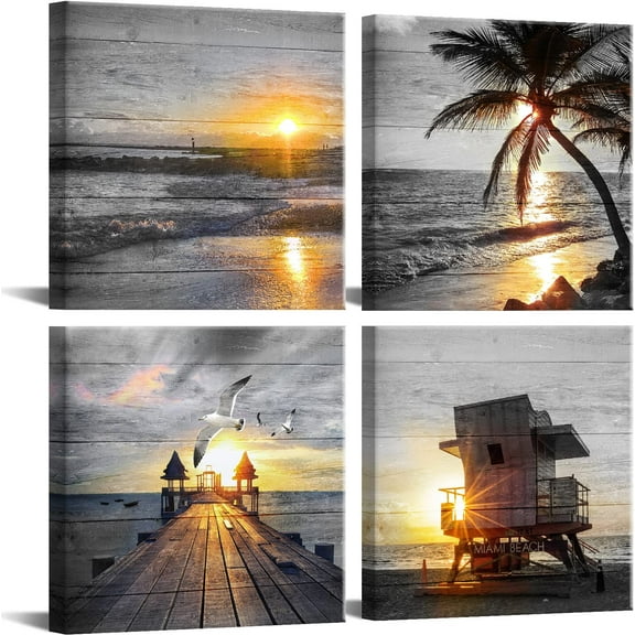 Bathroom Wall Art Black and White Gold Beach Wall Art Ocean Canvas Print Sunrise Sunset Seascape Scenery Painting Poster Framed Picture Bedroom Wall Art Living Room Office Wall Decoration