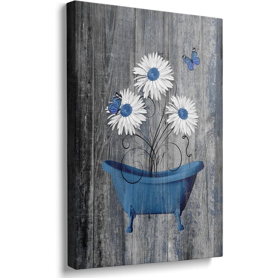 Bathroom Wall Art Blue Bathtub Daisy Canvas Bathroom Pictures For Wall Bathtub Painting Rustic Flower Picture Vintage Wood Background Wall Decor For Bedroom Living Room Bathroom