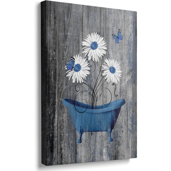 Bathroom Wall Art Blue Bathtub Daisy Canvas Bathroom Pictures For Wall Bathtub Painting Rustic Flower Picture Vintage Wood Background Wall Decor For Bedroom Living Room Bathroom