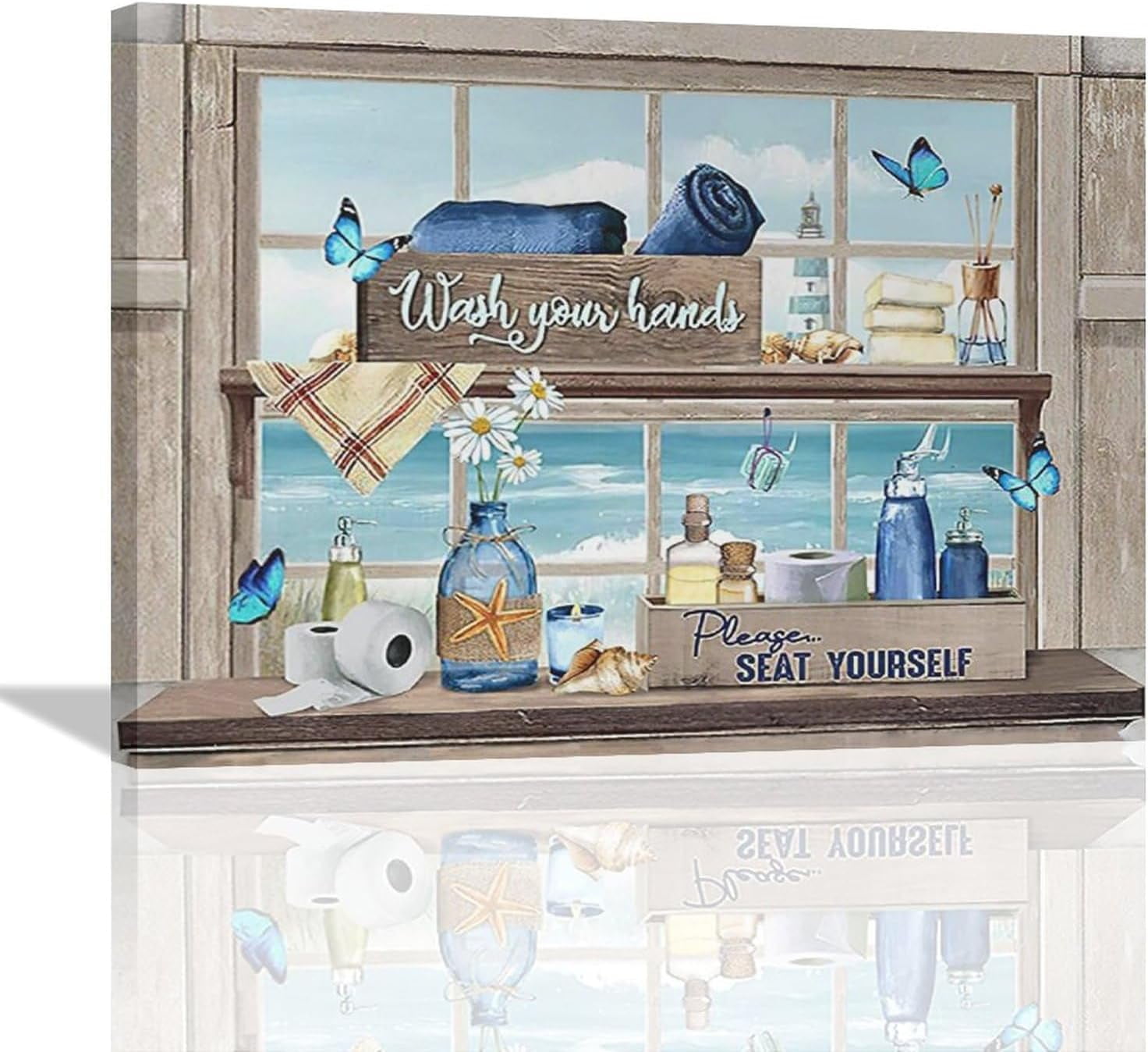 Bathroom Wall Art Blue Butterfly Daisy Bathroom Wall Decor Blue Sign ...