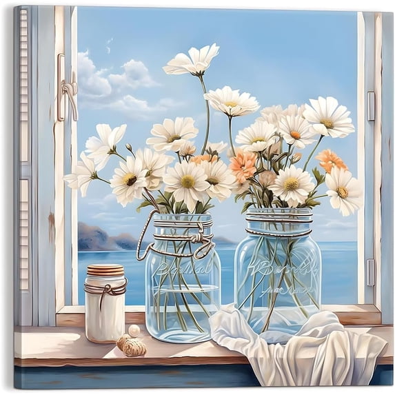 Bathroom Wall Art Blue Mason Jar Daisy Flower Modern Decor artwork Canvas Print Pictures For Gifts, Hanging in Office, Dining Room, Kitchen, Living Room, Bedroom