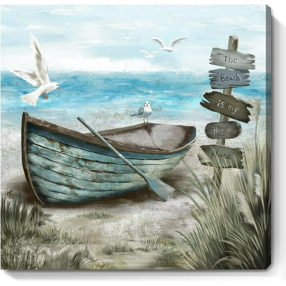 Bathroom Wall Art Coastal Décor Nautical Boat on Beach Canvas Picture Ocean Seagull Seascape Canvas Print Sea Bird Farmhouse Artwork for Seashore Bedroom Living Room Small Square Blue Teal 14x14"