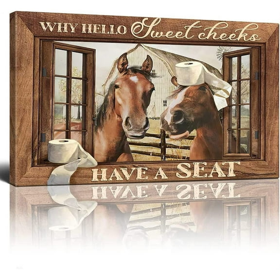 Bathroom Wall Art Cute Horse Canvas Prints Farmhouse Wall Art Funny Animal Picture Bathroom Decor Framed Home ons Ready To Hang 12x18 Inch