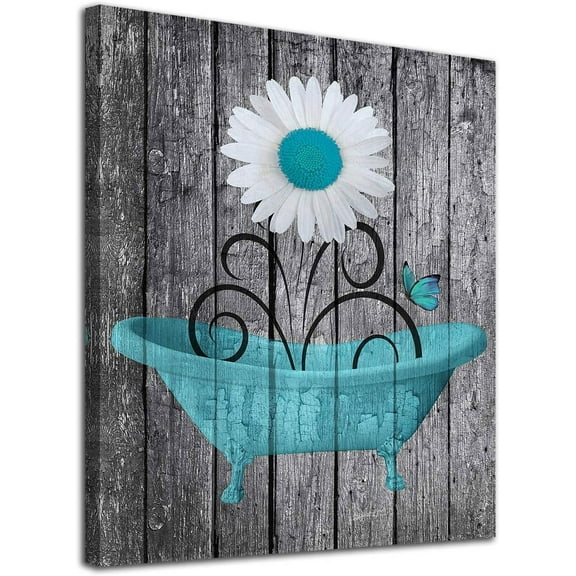 Bathroom Wall Art Daisy Canvas Pictures Modern Flower Bathtub Artwork Rustic Wood Board Background Contemporary Wall Art Decor Bedroom Living Room Office Home Framed Ready to Hang Blue 12" x 16"