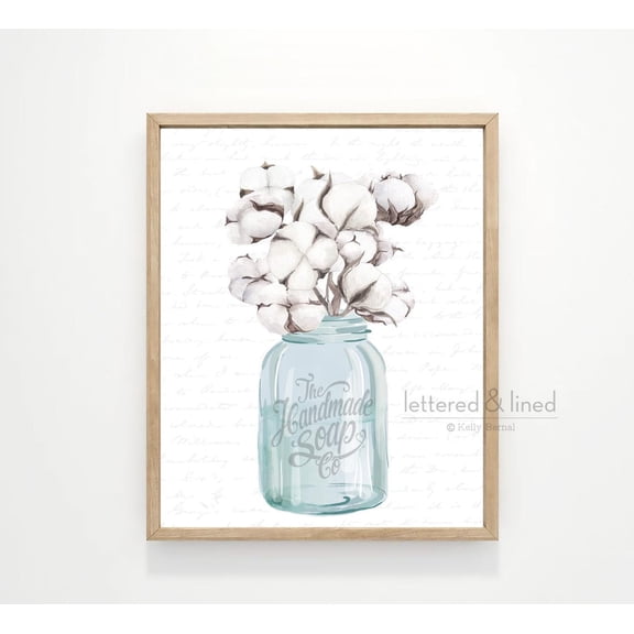 Bathroom Wall Art Decor, Blue Jar Cotton Stems Bouquet Poster Framing, Turquoise Neutral Tan Farmhouse Original Art By Lettered & Lined Home Decor, 12x18 UNFRAMED